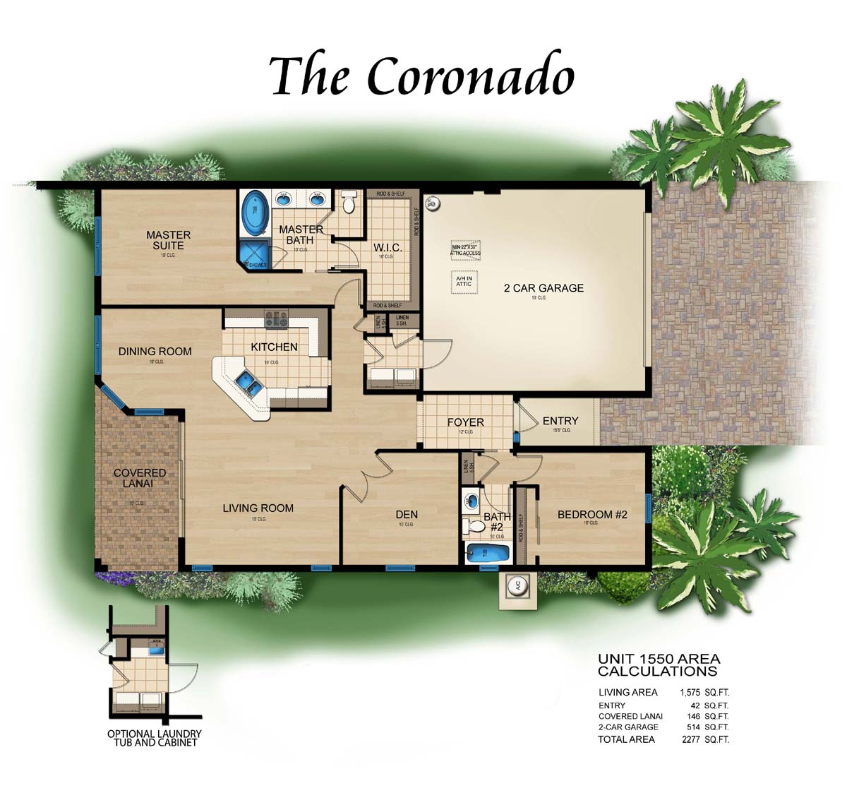 Esperanza Villas in Paseo Coronado Floor Plan, 2 bedroom, 2 bath, living room, dining room, den and 2 car garage